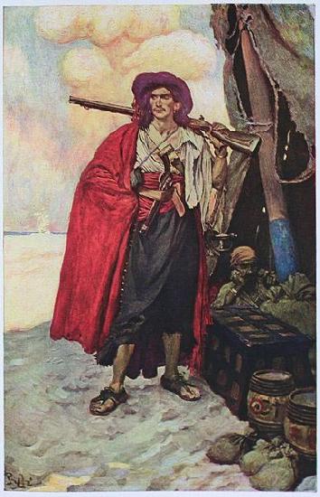 Howard Pyle The Buccaneer was a Picturesque Fellow: illustration of a pirate, dressed to the nines in piracy attire. oil painting image